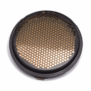Cylindrical ultrasonic transducer featuring a smooth white face and metal body with two connector pins, displayed against a white background.