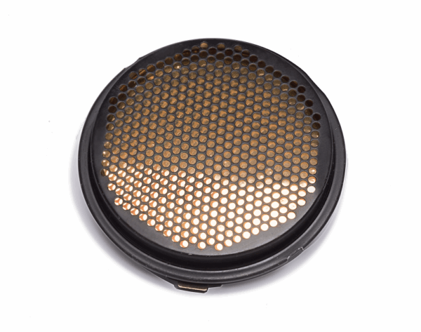 Cylindrical ultrasonic transducer featuring a smooth white face and metal body with two connector pins, displayed against a white background.