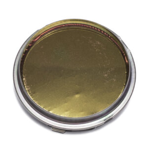 Circular open-face ultrasonic transducer with visible gold diaphragm and silver metal casing, used for precise sensing applications.