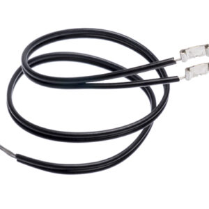Black electrical cable with two metal terminal connectors, coiled loosely on white background.