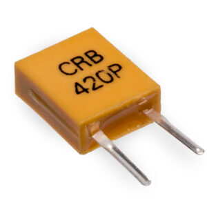 Yellow rectangular capacitor marked CRB 420P with two metal leads extending from the underside, angled on a white background.