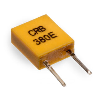 Yellow rectangular capacitor labeled CRB 380E with two metal leads extending from one side, shown on a white background.