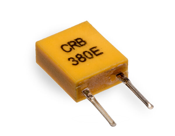 Yellow rectangular capacitor labeled CRB 380E with two metal leads extending from one side, shown on a white background.