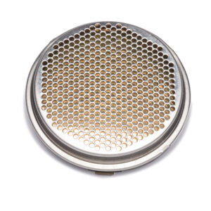 Compact rectangular ultrasonic sensor module with black plastic housing and metallic oval acoustic opening, viewed at an angle.