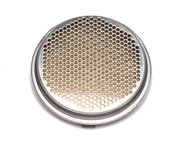 Compact rectangular ultrasonic sensor module with black plastic housing and metallic oval acoustic opening, viewed at an angle.