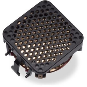 Square ultrasonic transducer with perforated black plastic grille and visible internal components, shown on white background.