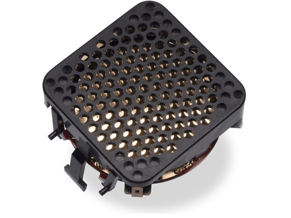 Square ultrasonic transducer with perforated black plastic grille and visible internal components, shown on white background.