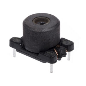 Black cylindrical electronic inductor with a central hole, mounted on a rectangular base with four metal pins, shown on a white background.