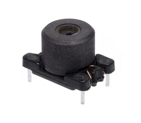 Black cylindrical electronic inductor with a central hole, mounted on a rectangular base with four metal pins, shown on a white background.