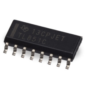 Black integrated circuit chip labeled TL851C with fifteen metal pins, shown angled on a white background.