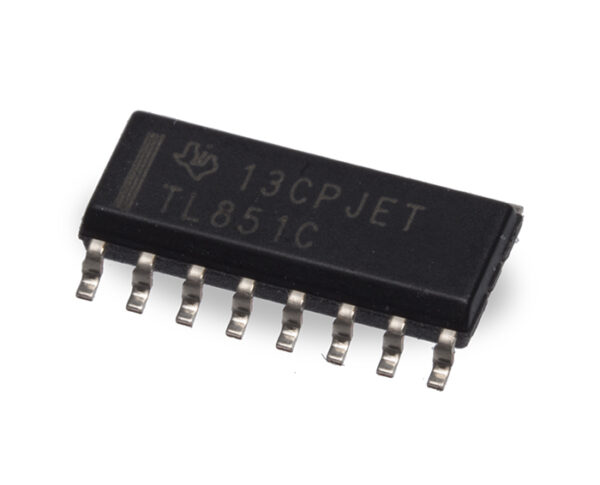 Black integrated circuit chip labeled TL851C with fifteen metal pins, shown angled on a white background.