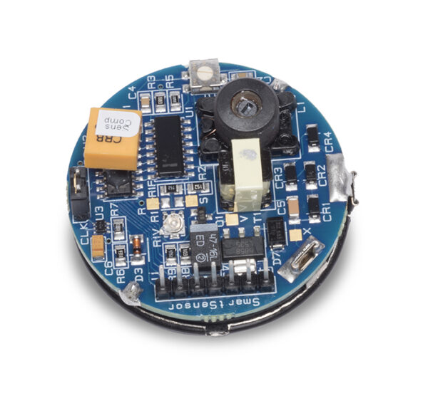 Close-up of round ultrasonic sensor circuit board populated with electronic components, including capacitors, chips, and connectors, shown on a white background.