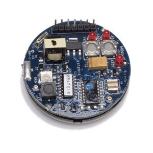 Zoomed view of the SonaSwitch® Mini-SE ultrasonic sensor from SensComp, highlighting the compact board layout, test points, and onboard components.