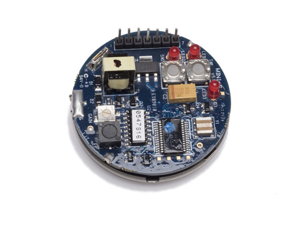 Zoomed view of the SonaSwitch® Mini-SE ultrasonic sensor from SensComp, highlighting the compact board layout, test points, and onboard components.