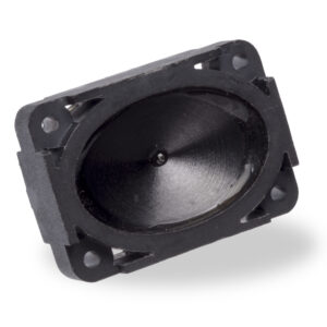 Rectangular black ultrasonic sensor housing with oval horn-shaped opening and four mounting holes, angled on a white background.