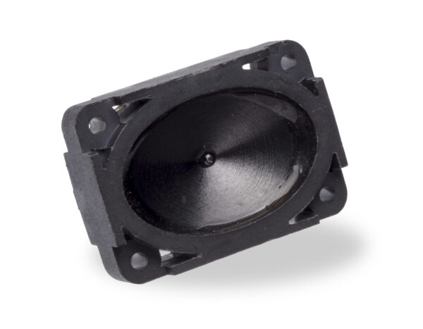 Rectangular black ultrasonic sensor housing with oval horn-shaped opening and four mounting holes, angled on a white background.