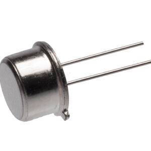 Compact metal ultrasonic transducer with a smooth front face and two long metal pins extending from the rear, photographed on white background.