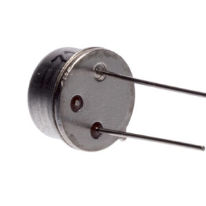 Rear view of metal ultrasonic sensor showing circular back plate with two long metal pin connectors, photographed against a white background.