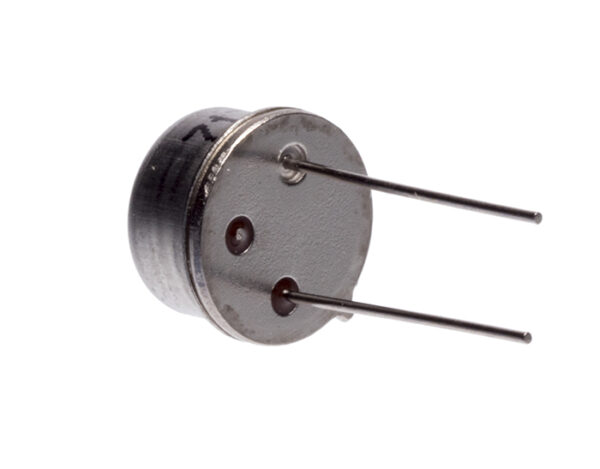 Rear view of metal ultrasonic sensor showing circular back plate with two long metal pin connectors, photographed against a white background.