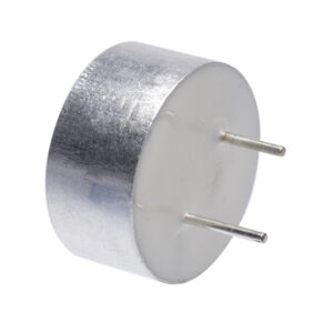 Rear view of cylindrical metal ultrasonic sensor showing flat white plastic back with two protruding metal pins, on a white background.