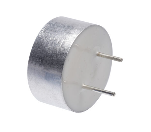 Rear view of cylindrical metal ultrasonic sensor showing flat white plastic back with two protruding metal pins, on a white background.