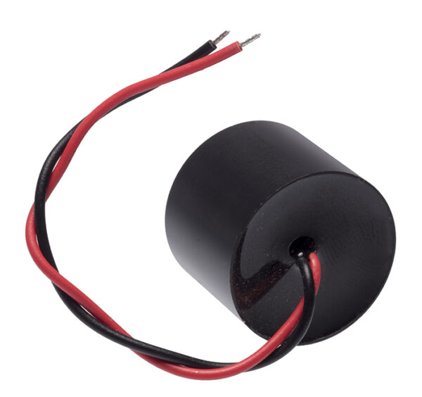 Black cylindrical piezoelectric transducer with red and black wires for electrical connection, isolated on a white background.