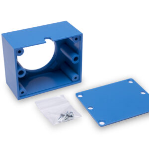 Blue plastic sensor housing kit including rectangular enclosure, flat mounting plate with screw holes, and a small bag of screws.