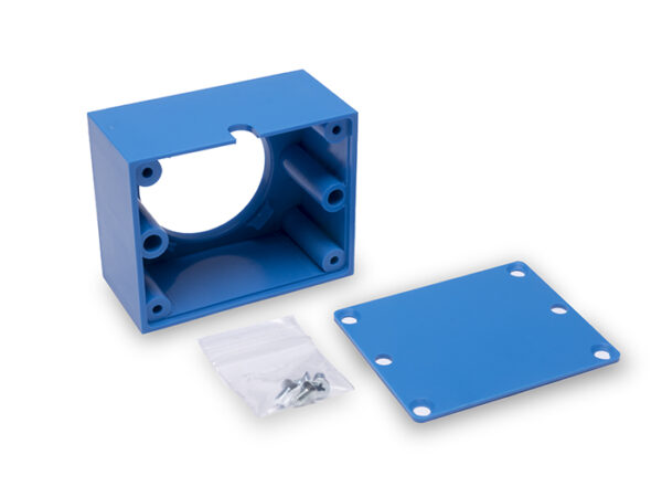 Blue plastic sensor housing kit including rectangular enclosure, flat mounting plate with screw holes, and a small bag of screws.