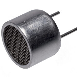 Side view of metal ultrasonic sensor with fine mesh front grill and two pin connectors extending from the back, shown on white background.