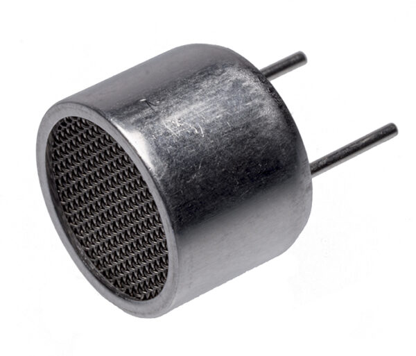 Side view of metal ultrasonic sensor with fine mesh front grill and two pin connectors extending from the back, shown on white background.