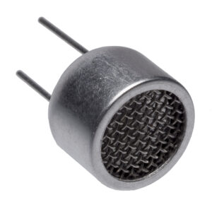 Front view of metal ultrasonic sensor with circular mesh grill and two straight pin leads, shown angled on a white background.