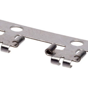 Metal mounting clip with two pairs of rolled tabs and circular holes for securing ultrasonic sensor components.