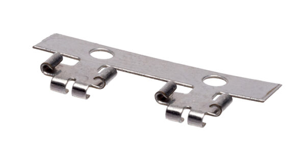 Metal mounting clip with two pairs of rolled tabs and circular holes for securing ultrasonic sensor components.