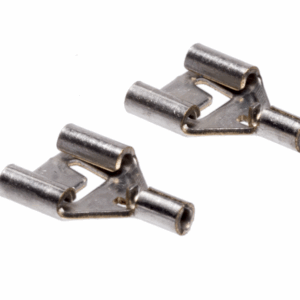Two metal electrical crimp terminals with forked design and cylindrical connectors, shown side by side on white background.