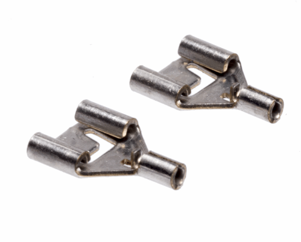 Two metal electrical crimp terminals with forked design and cylindrical connectors, shown side by side on white background.