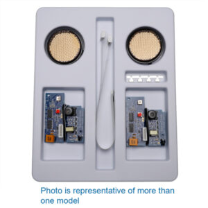 OEM ultrasonic sensor kit in plastic tray containing two sensor grills, circuit boards, ribbon cable, and mounting clips.