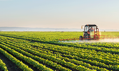 Tractor applying spray across a large agricultural field during sunrise