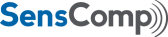 SensComp logo with blue and gray text and sonar wave icon