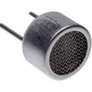 Side view of metal ultrasonic sensor with fine mesh front grill and two pin connectors extending from the back, shown on white background.