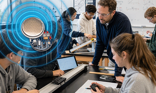 Students at a lab bench using an ultrasonic distance sensor, with sound waves visualized from the transducer.