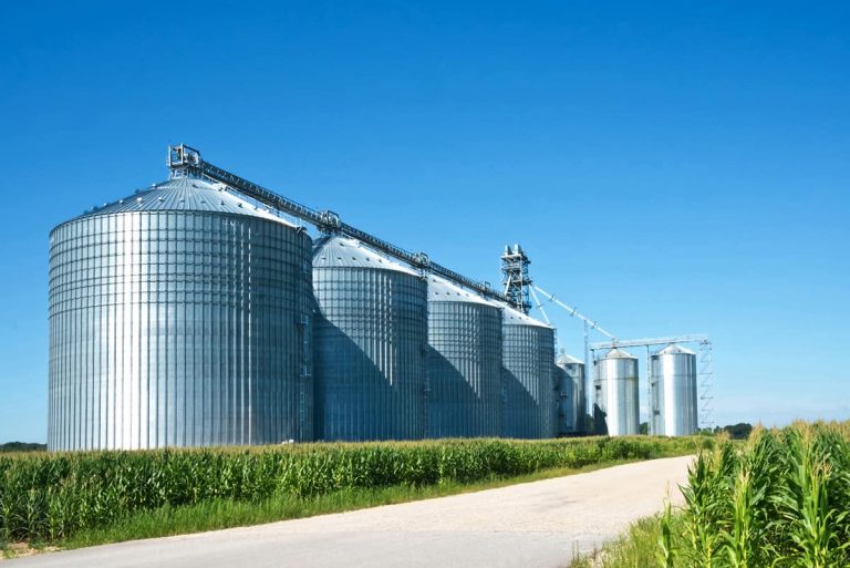 Row of galvanized grain silos beside a cornfield, where electrostatic ultrasonic transducers measure stored product level