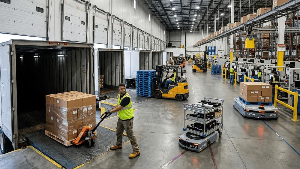 Worker and autonomous mobile robots sharing a loading dock aisle where electrostatic ultrasonic sensors guide navigation.