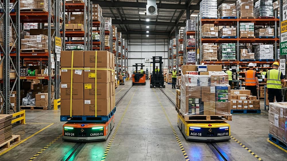 Two automated guided vehicles passing in an aisle, a crosstalk risk addressed by electrostatic ultrasonic sensors.