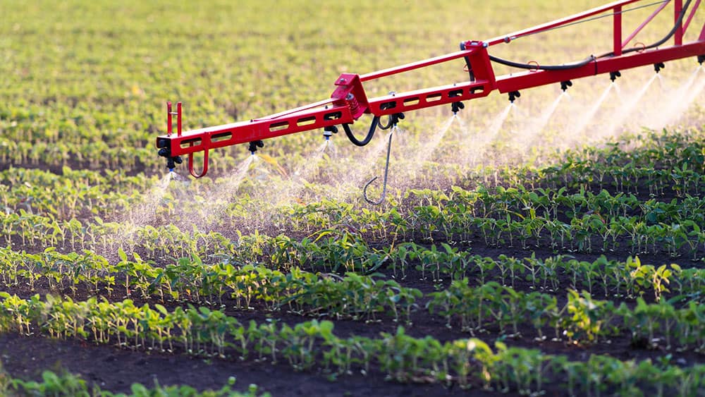 Sprayer boom passing over young row crops, an application for electrostatic ultrasonic sensors measuring crop height.