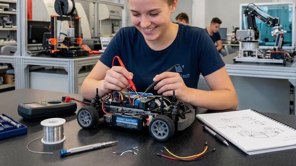 Student testing a battery-powered robot chassis with an ultrasonic sensor in a school makerspace