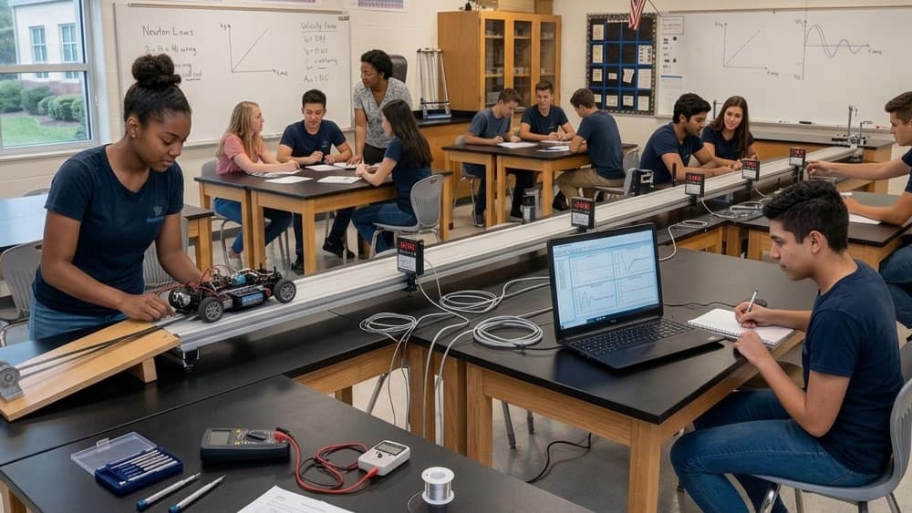 Ultrasonic sensors for STEM education positioned along a measurement track in a high school physics laboratory
