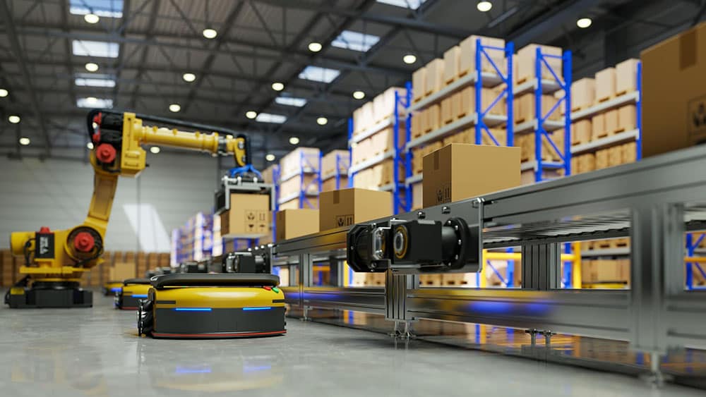 Robotic arm placing cartons on a conveyor, a positioning task supported by electrostatic ultrasonic transducers.