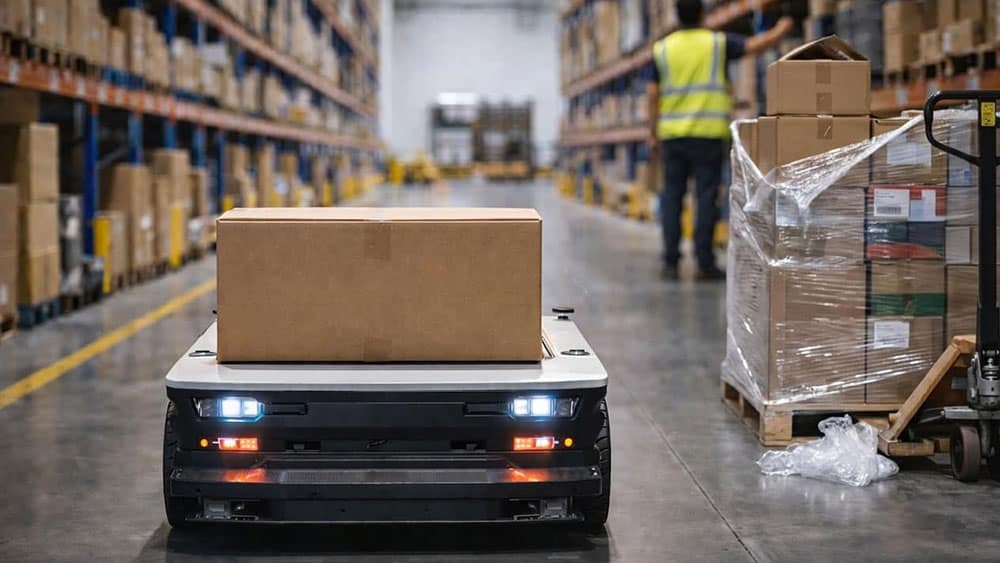 Autonomous mobile robot approaching a stretch-wrapped pallet, a weak-echo target for electrostatic ultrasonic sensors.