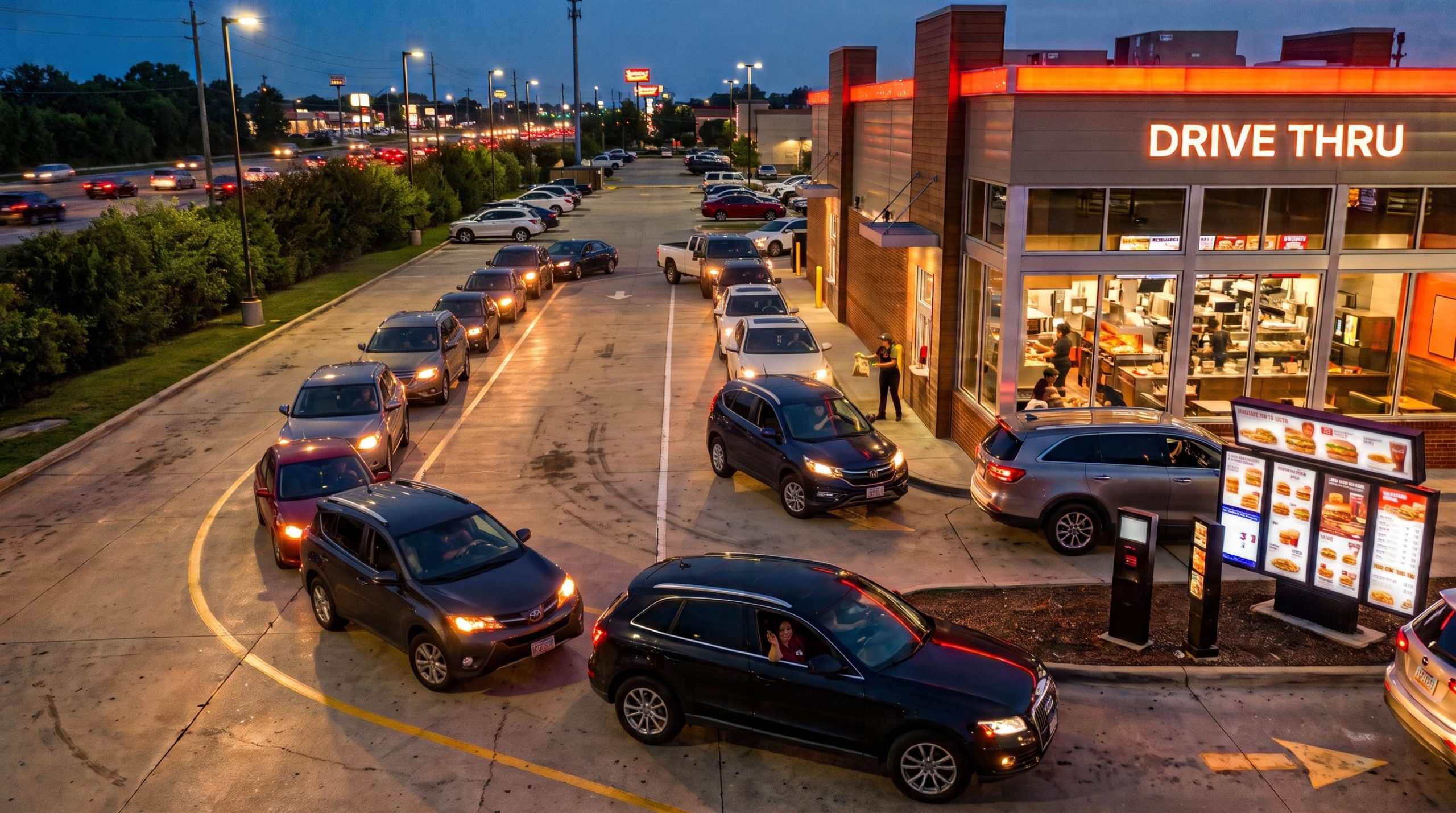 Two drive-thru lanes at dusk, where electrostatic ultrasonic transducers keep each lane’s echo separate.
