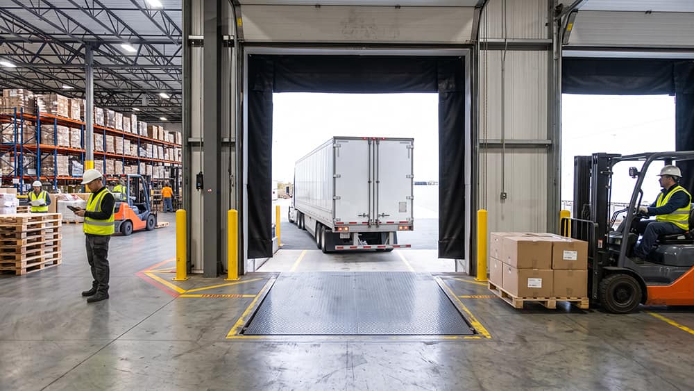 Trailer backing into a warehouse dock door beside a forklift, monitored by electrostatic ultrasonic sensors.